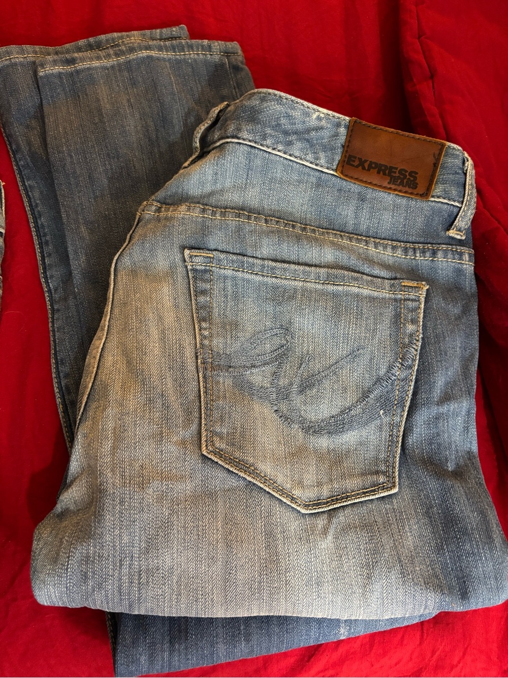 Express Slim Straight Light Blue Denim Jeans with Leather Logo Patch